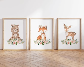 Woodland Floral Nursery Print, Baby Girl Nursery Wall Art, Pink Floral, Nursery Animal Print, Girl Room Decor, Woodland Girl Nursery