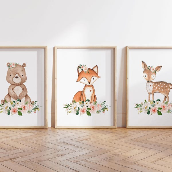 Woodland Floral Nursery Print, Baby Girl Nursery Wall Art, Pink Floral, Nursery Animal Print, Girl Room Decor, Woodland Girl Nursery