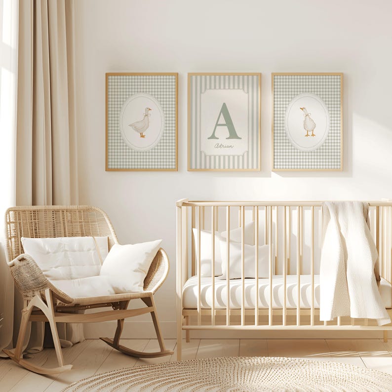 Sage Green Silly Goose Nursery Wall Art Set, Custom Name Print, Neutral Kids Room Artwork Decor image 4