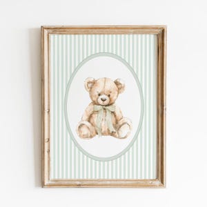 Vintage Bear Sage Green Wall Art, Gender Neutral Nursery Decor, Bear Bow Poster, Animal Nursery Print, Teddy Bear Vintage Room, Printable