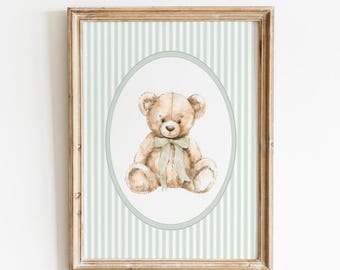 Vintage Bear Sage Green Wall Art, Gender Neutral Nursery Decor, Bear Bow Poster, Animal Nursery Print, Teddy Bear Vintage Room, Printable