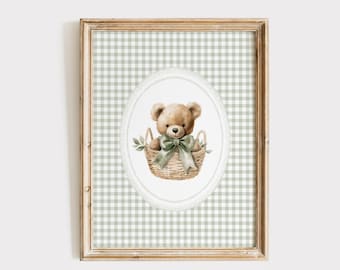 Basket Bear Print, Sage Green Gingham Nursery Decor, Bear Bow Poster, Teddy Bear Neutral Nursery Wall Art, Boy Nursery, Girls Room, Digital