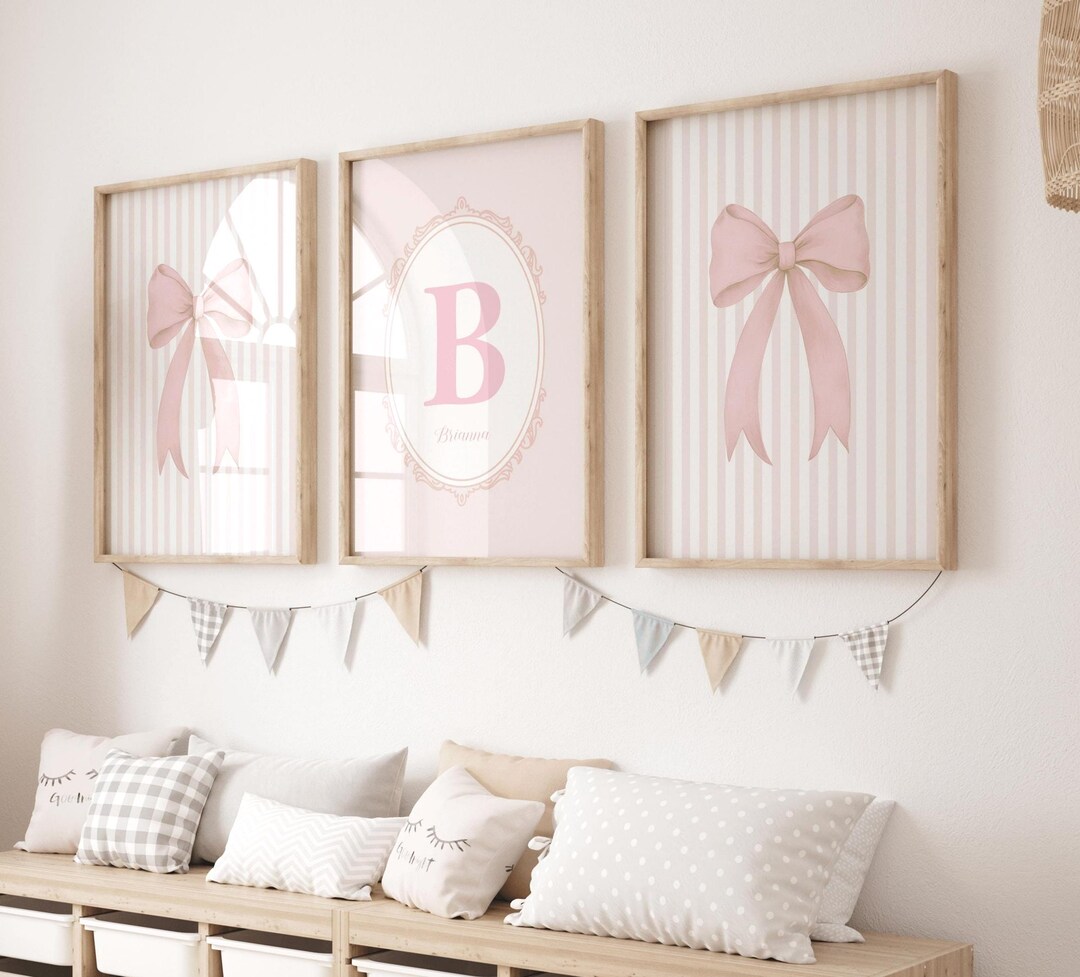 Pink Bow Nursery Wall Art Set, Girl Custom Initial Print, Girls Room ...