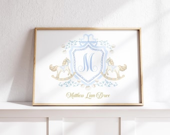 Arte de parede com monograma para quarto de menino, decoração de quarto de bebê com cavalo de balanço, brasão azul em aquarela vintage, impressão personalizada com nome de menino, presente para bebê, imprimível