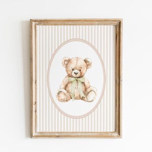 Arte murale vintage con orso beige, decorazione per la cameretta dei bambini di genere neutro, poster con fiocco di orso, stampa per la cameretta degli animali, decorazione vintage per la stanza con orsacchiotto, stampabile