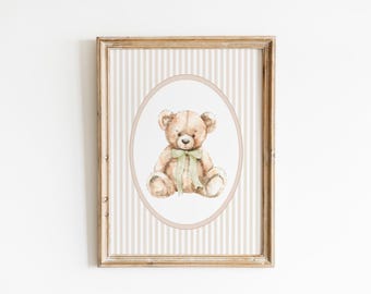 Vintage Bear Beige Wall Art, Gender Neutral Nursery Decor, Bear Bow Poster, Animal Nursery Print, Teddy Bear Vintage Room Decor, Printable