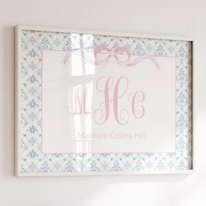 Girl Nursery Monogram Wall Art, Grandmillennial Monogram, Pink Bow Wall Art, Pink Blue Girl Nursery, Custom Monogram Girl Nursery, Printable