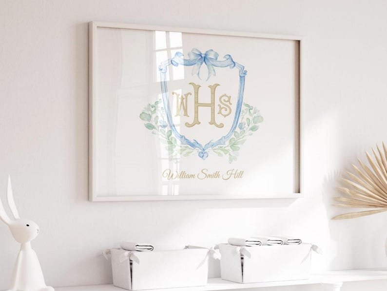 Pode incluir: Uma impress&atilde;o em aquarela emoldurada com um monograma azul e dourado dentro de um design de escudo, acentuado com elementos florais e uma fita. O texto "William Smith Hill" est&aacute; abaixo. A impress&atilde;o &eacute; exibida acima de duas caixas brancas.