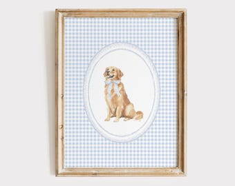 Golden retriever kinderkamer kunst aan de muur, puppy kwekerij print, jongen hond kwekerij kunst aan de muur, blauwe pastel hond kwekerij print, blauwe strik, digitale download