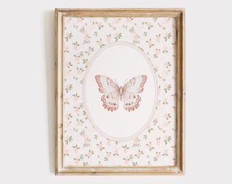 Floral Butterfly Wall Art, Pink Floral Girl Nursery Decor, Grandmillenial Print, Vintage Butterfly Nursery Print, Little Girl Room, Digital