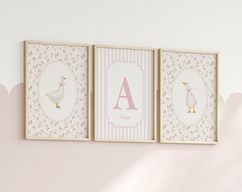 Ensemble de décorations murales pour chambre de bébé fille, motif oie, prénom personnalisé, thème floral rose, style cottage vintage