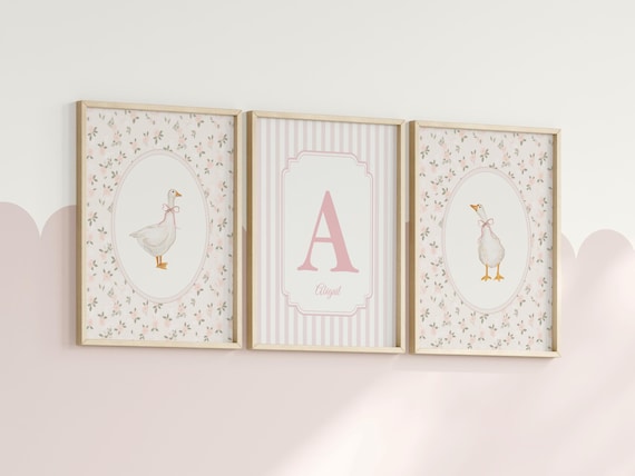 Goose Nursery Wall Art Set, Baby Girl Room Decor, Custom Name Print, Pink Floral Nursery, Vintage Cottage Artwork