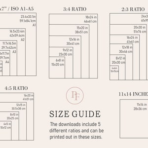 May include: A size guide for printable art prints, showing different aspect ratios and corresponding dimensions in inches and centimeters. The guide includes 5x7, 3:4, 2:3, 4:5, and 11x14 inch sizes.