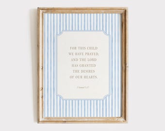 1 Samuel 1:27 Bible Print, Blue Christian Nursery Decor, For This Child I Have Prayed, Boy Nursery Christian Print, Kids Christian Room