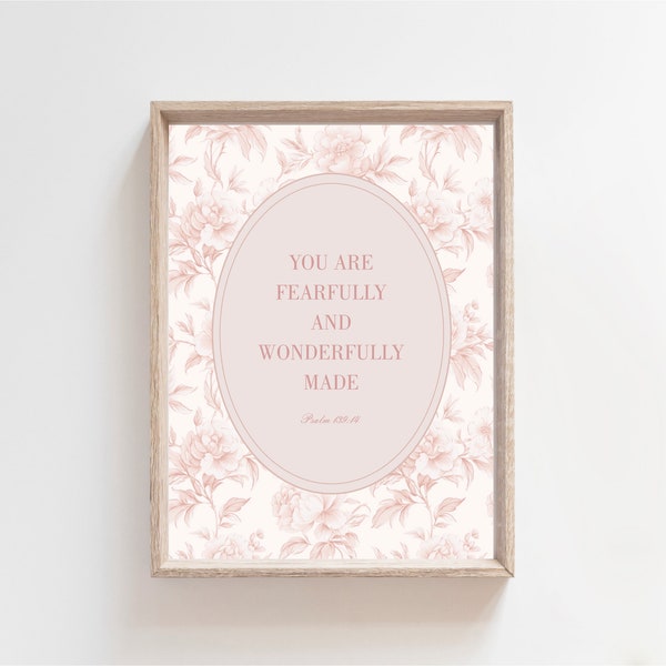 Christian Nursery Decor, I am Fearfully and Wonderfully Made, Psalm 139:14, Vintage Bible Verse Wall Art, Girl Scripture Print Affirmation