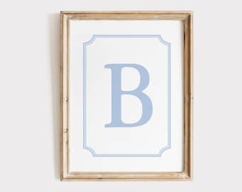 Initial B Wall Art, Blue Frame Name Initial Wall Art, Monogram B Print, Personalized Boy Initial, Boy Nursery Initial Print, Baby Boy Gift