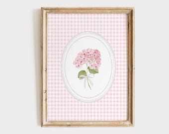Pink Watercolor Hydrangea Print, Pink Gingham Hydrangea, Hydrangea Nursery Wall Art, Botanical Art, Chinoiserie Floral, Hydrangea Poster