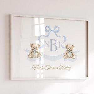 Teddy Bear Monogram Wall Art, Boy Crest Monogram Nursery, Boy Initials Nursery Decor, Teddy Bear Print, Above Crib Wall Art, Printable