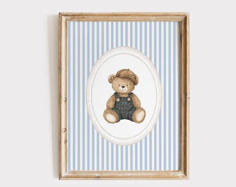 Teddy Bear with Cap Wall Art, Blue Little Boy Room Decor, Vintage Nursery Print, Digital Download