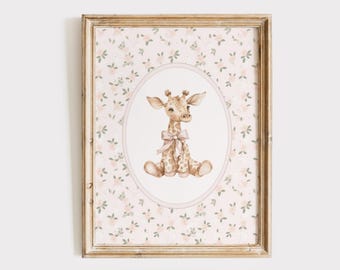 Vintage Giraffe Nursery Wall Art, Floral Girl Nursery Decor, Pink Kids Room Print, Cottagecore Animal Poster, Playroom Print, Digital