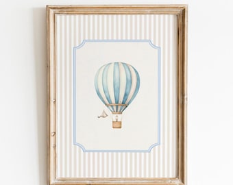 Vintage Hot Air Balloon Wall Art, Boy Balloon Nursery Decor, Travel Balloon Print, Boys Room Decor, Blue and Beige, Digital Download