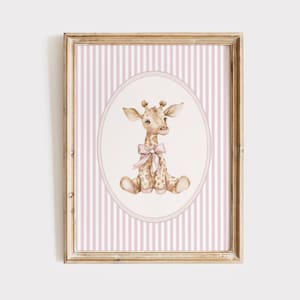 May include: A watercolour illustration of a giraffe with a pink bow sitting in a pink oval frame on a pink and white striped background.