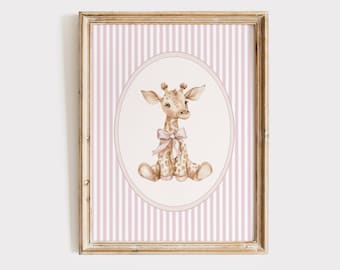 Decorazione murale vintage con giraffa rosa, decorazione per cameretta bambina, stampa a righe rosa per cameretta, poster con fiocco rosa e giraffa, decorazione per cameretta bambina, stampabile