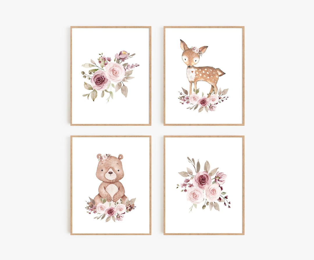 Dusty Roses Woodland Nursery Decor, Pink Floral Nursery Wall Art, Boho ...