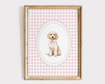 Golden Doodle Nursery Print, Pink Gingham Girl Nursery Decor, Puppy Print, Pink Coquette Dog Print, Puppy Girls Room Decor