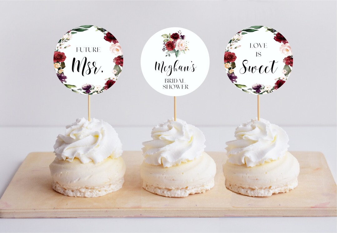 Burgundy Cupcake Topper, Bridal Shower Cupcake Toppers, Floral Cupcake Toppers, Burgundy Floral