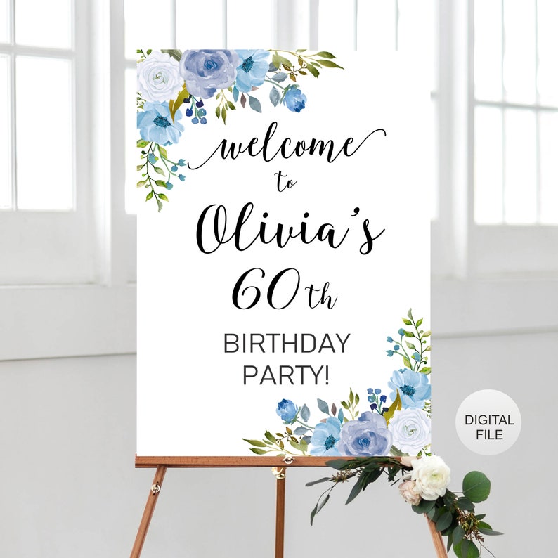 Bloom Blue Birthday Decor BW Large Welcome Poster Welcome Birthday Sign Spring Women Birthday Party Flowers Birthday Board Any Age
