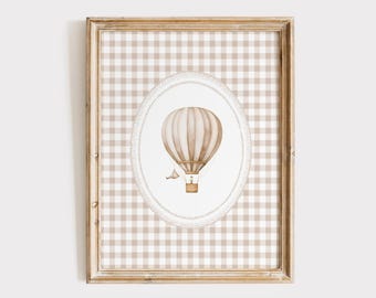 Vintage Hot Air Balloon Wall Art, Tan Gingham Nursery Decor, Balloon Nursery Print, Neutral Nursery Decor, Travel Kids Room Decor, Printable