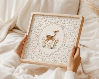 Bloemen herten kinderkamer muurkunst | Vintage Cottagecore-decor babymeisje (digitale download)