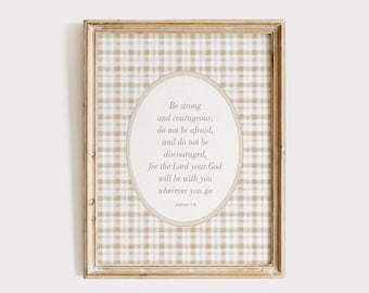 Impresión bíblica "Sé fuerte y valiente", arte cristiano neutro para pared infantil, Josué 1:9, decoración beige para habitación infantil, póster bíblico para habitación infantil
