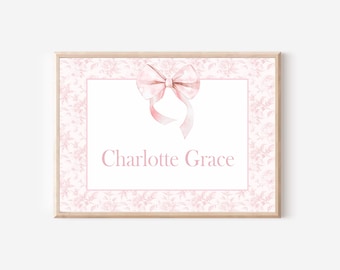 Quadro decorativo para quarto de bebê da geração Grandmillennial, impressão personalizada com nome de menina, decoração chinesa para quarto de bebê, impressão com laço rosa para quarto de menina, presente para chá de bebê