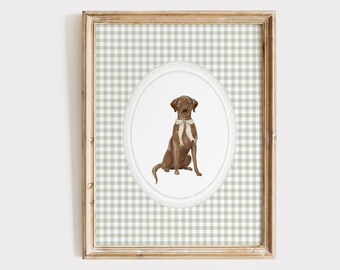 Chocolate Labrador Nursery Print, Gingham Sage Nursery Decor, Puppy Print, Neutral Nursery Dog Wall Art, Watercolor Dog Print