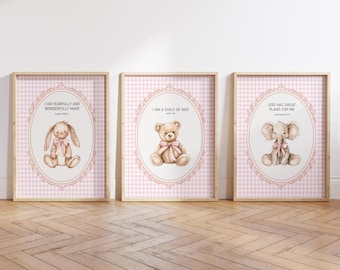 Pink Gingham Bible Verse Wall Art Set, Girl Christian Nursery Decor, Animal Nursery Print, Vintage Scripture Print, Instant Download