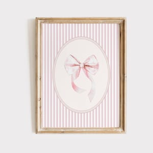 Pink Bow Nursery Wall Art, Vintage Bow Print, Girl Nursery Decor, Pink Bow Nursery, Pink Stripe Coquette Print, Little Girl Room, Printable