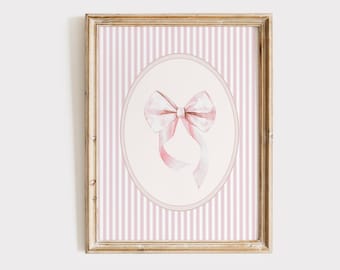 Pink Bow Nursery Wall Art, Vintage Bow Print, Girl Nursery Decor, Pink Bow Nursery, Pink Stripe Coquette Print, Little Girl Room, Printable