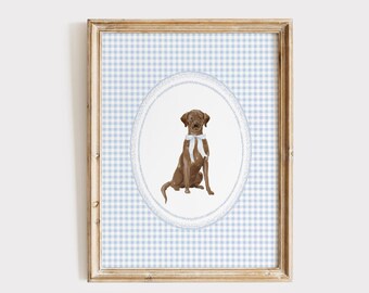 Chocolate Labrador Nursery Wall Art, Blue Gingham Dog Nursery Print, Puppy Poster, Boys Room Wall Art Decor, Dog Wall Art Print, Digital