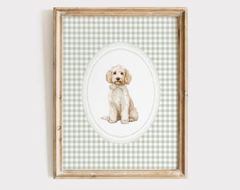 Estampa de berçário com rabiscos dourados, decoração de berçário com guingão verde-sálvia, estampa de berçário para filhotes, arte de parede para berçário com cachorros, estampa de berçário com cachorros e sálvia para meninas