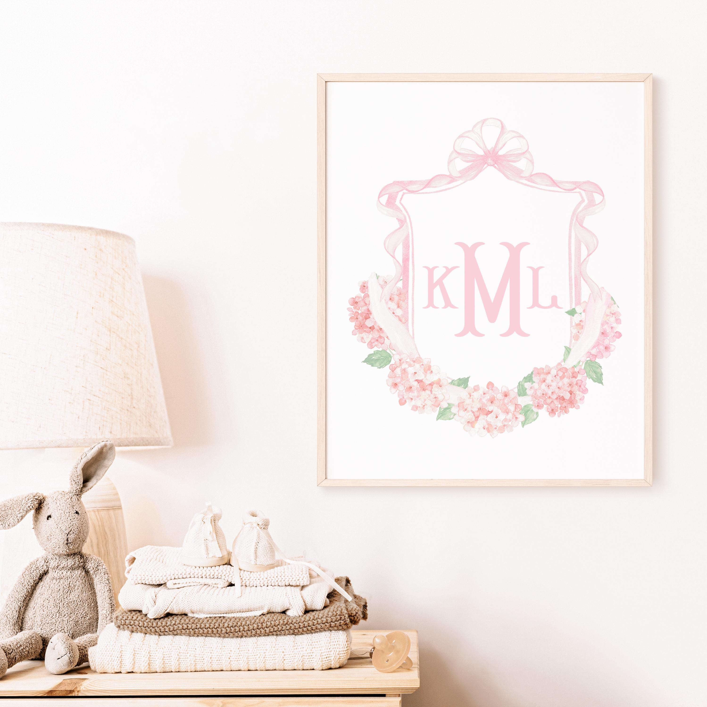 Girl Nursery Wall Art Monogram, Pink Floral Baby Name Print ...