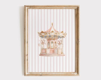 Vintage carrousel kinderkamer kunst aan de muur, roze strepen carnaval prints, baby meisje kamer decor, aquarel kinderspeelkamer poster, digitale download