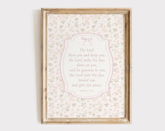 Vintage christelijke bloemenprint, The Lord Bless You and Keep You print, christelijk meisje kinderkamer kunst aan de muur, nummer 6 24-26, roze meisje kamer decor