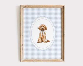 Art mural doré pour chambre d'enfant, impression chien aquarelle, affiche de chiot vichy bleu, décoration pour chambre de bébé garçon, cadeau d'art mural chien