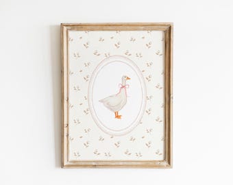 Vintage Goose Nursery Wall Art, Duck Girl Nursery Decor, Neutral Floral Goose Print, Coquette Goose Pink Bow Wall Art, Vintage Girl Room