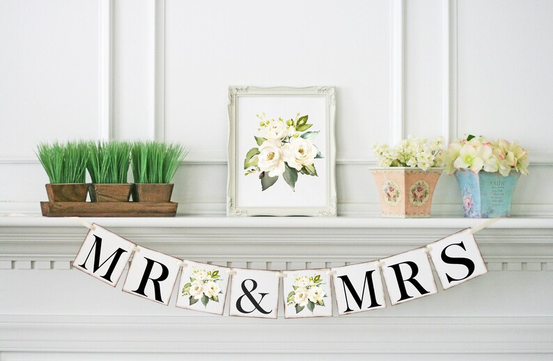 Mr & Mrs Wedding Banner Bridal Shower Banner White Flowers Etsy