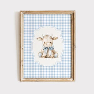 Arte de pared para guardería de vaca, impresión de guardería de vaca bebé, decoración de guardería de cuadros azules, póster de animales de granja, decoración de habitación de granja para niño, imprimible