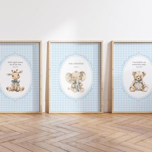Boy Christian Nursery Wall Art, Kids Bible Verse Print, Blue Gingham Christian Nursery Decor, Scripture Print, Animal Print Set Download