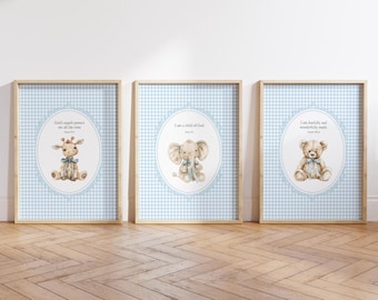 Christian Nursery Wall Art, Kids Bible Verse Print, Blue Gingham Nursery Decor, Scripture Animal Print Set, Instant Download